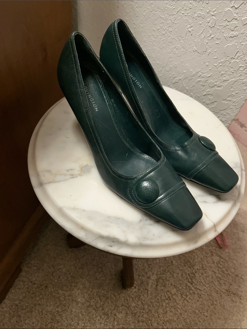 Dark Green Leather Pumps with Button Detail. 10. Like new!